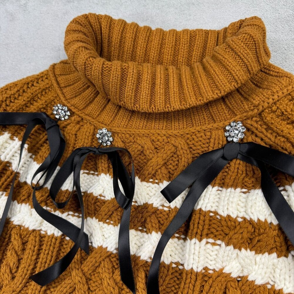 Anthropologie Maeve Turtleneck Balloon Sleeve Bow Sweater Cable Knit Preppy Sz S - Picture 6 of 10